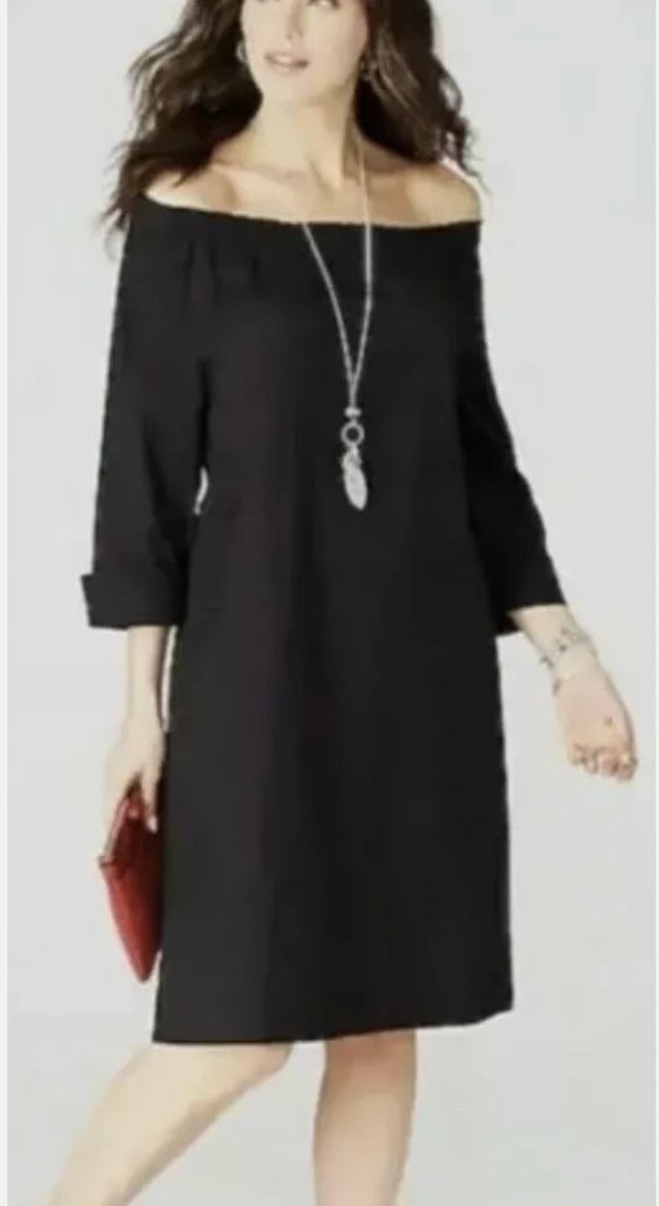 J. Jill Black Off The Shoulder 3/4 Cuffed Sleeve Pocket Shift Mini Dress Size MP
